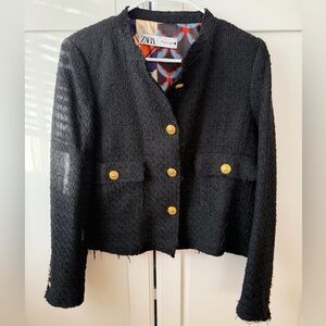 Zara Black Textured Blazer with Gold Accents